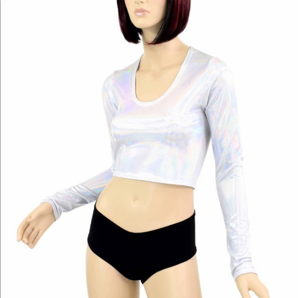 Holographic long sleeve crop top metallic spandex